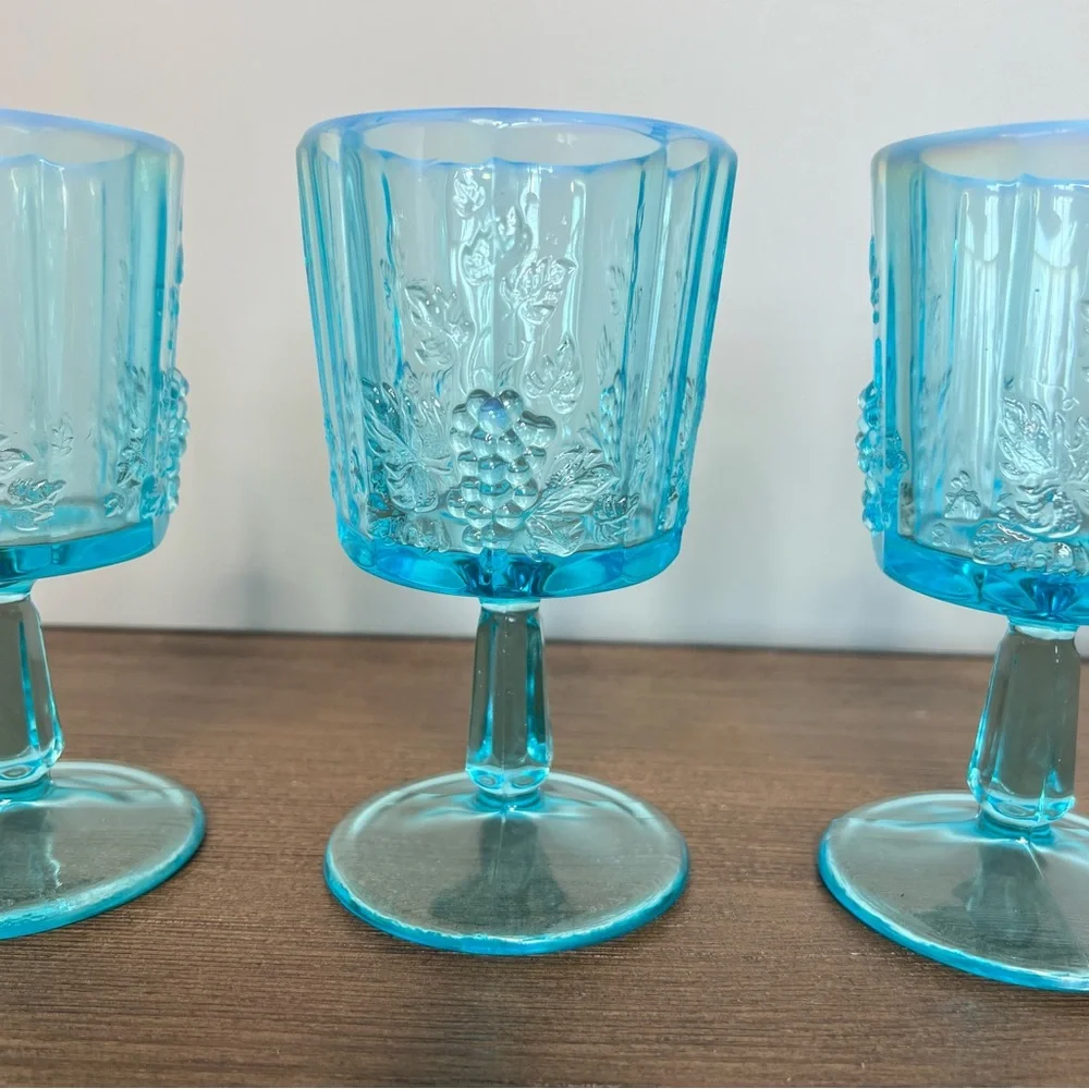 WESTMORELAND Vintage Paneled Grape Blue Opalescent Water Goblets - Set of 4